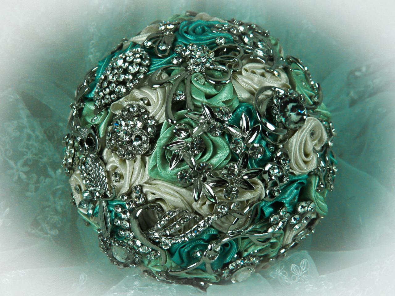Ivory, Light Green And Aquamarine Wedding Brooch Bouquet, Bridal Bouquet, Rose Bouquet, Silk Wedding Bouquet, Bridesmaid Bouquet
