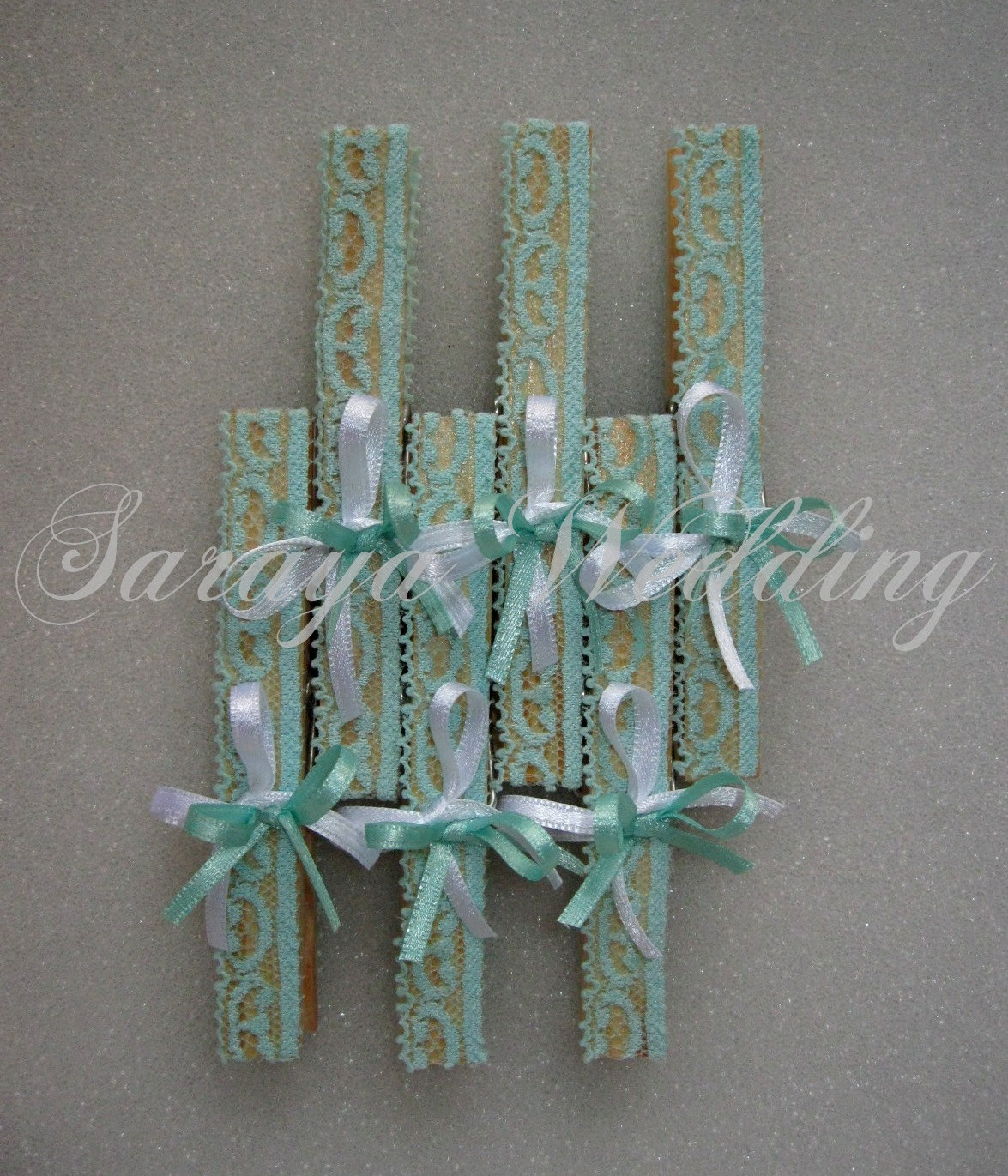 24 Pcs Wedding Wooden Clothes Pins In Turquoise Lace