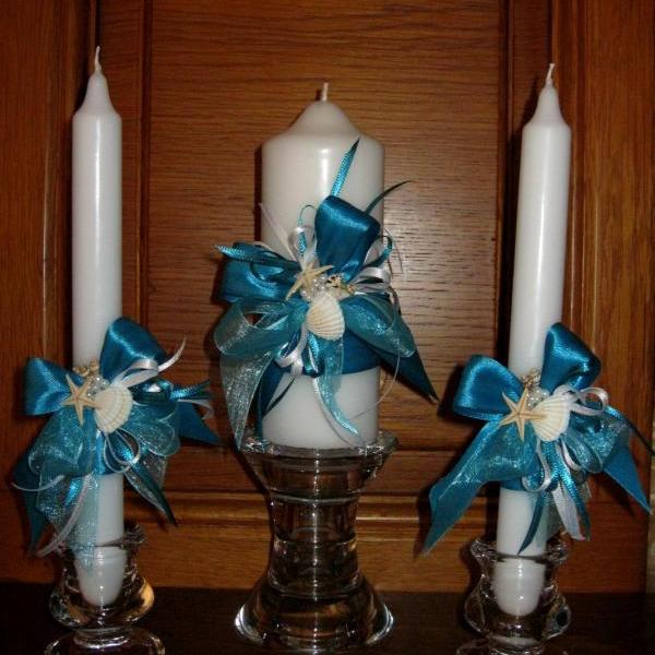 Rustic Wedding Unity Candles Seashells Decorated Pillar Candle