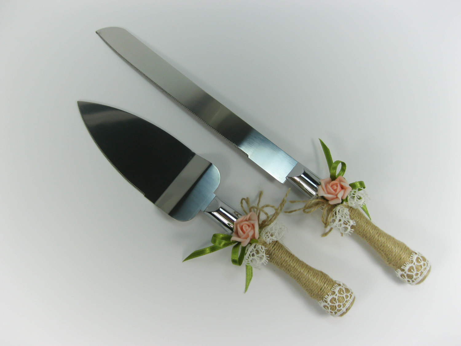 Rustic Wedding Cake Knife Set Roses Burlap And Flax Decoration